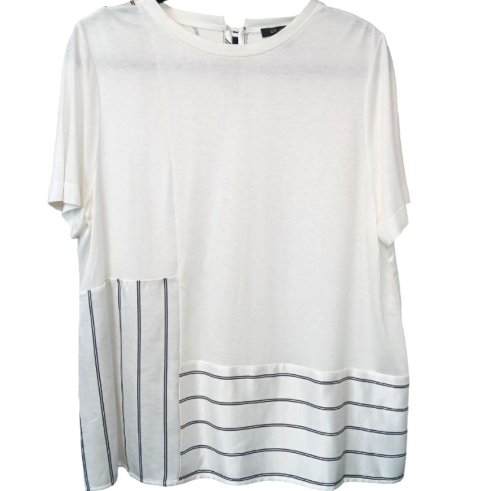 St John Viscose Jersey Mixed Media Short Sleeve Blouse Top White Size Medium